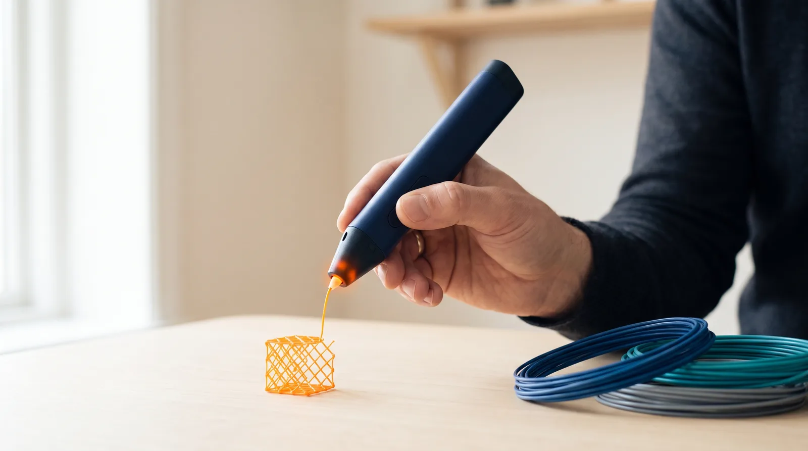 3D-penna som ritar en fristående gitterform i smält filament