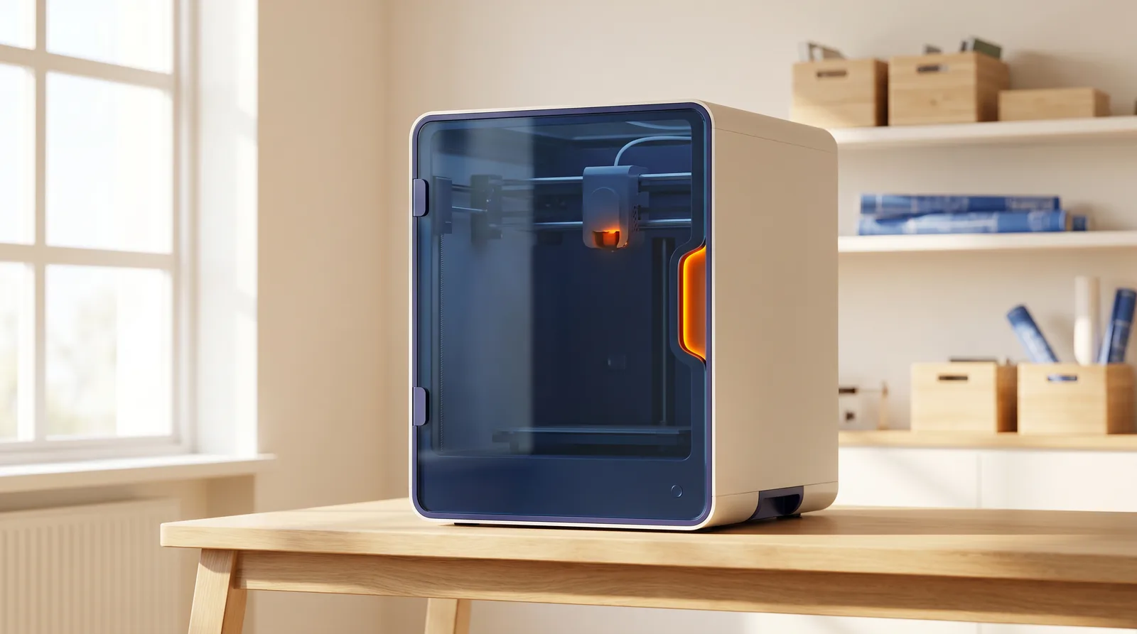 Säker, sluten och tyst 3D-skrivare i en ljus klassrumsmiljö