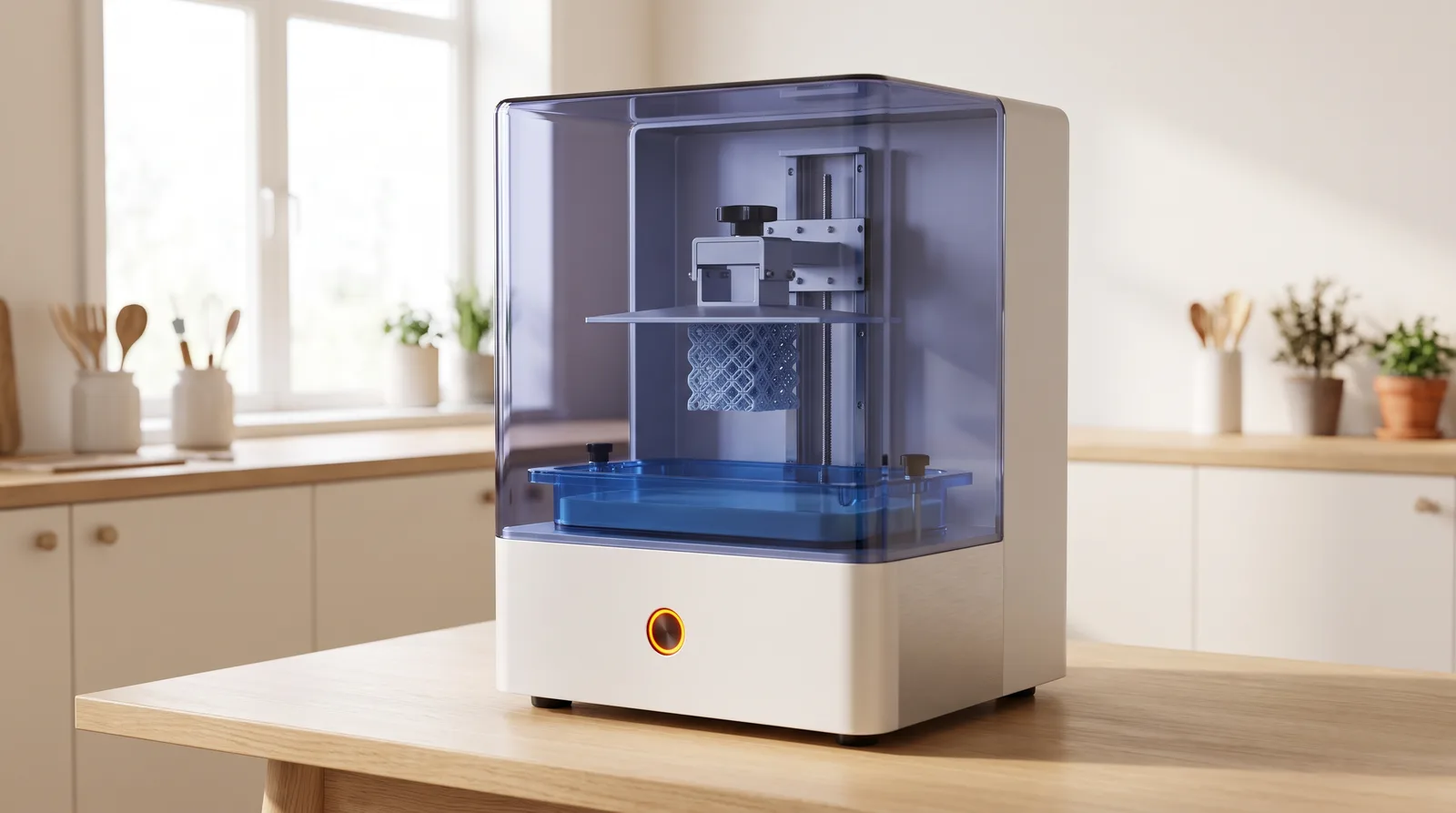 Generisk resin-/LCD-skrivare med hartstråg och en nyutskriven detaljerad modell